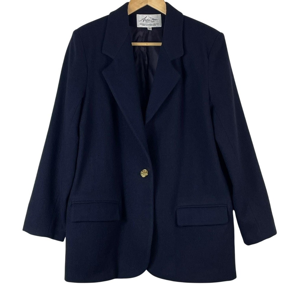Vintage Andrea Marin New York Navy Blue Wool Coat Size 8 Single Button Gold GUC